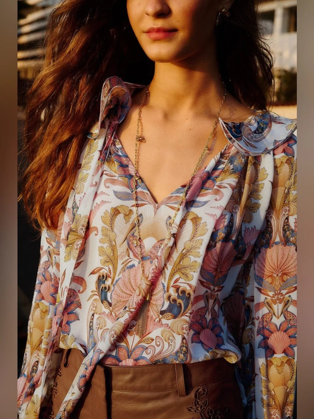 Farm Rio Off-White Sea Garden Ruffled Long Sleeve Blouse M